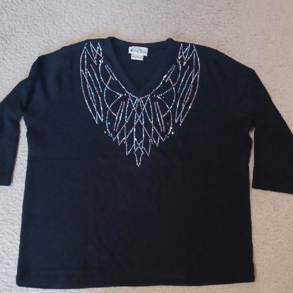Las Olas Black V-Neck Top With Rhinestones